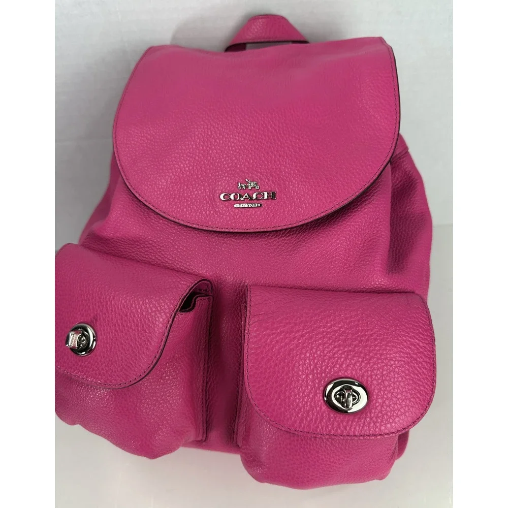 Coach Billie Pebbled Leather Backpack Purse Hot Pink Bag Turnlock Pockets - Picture 3 of 16